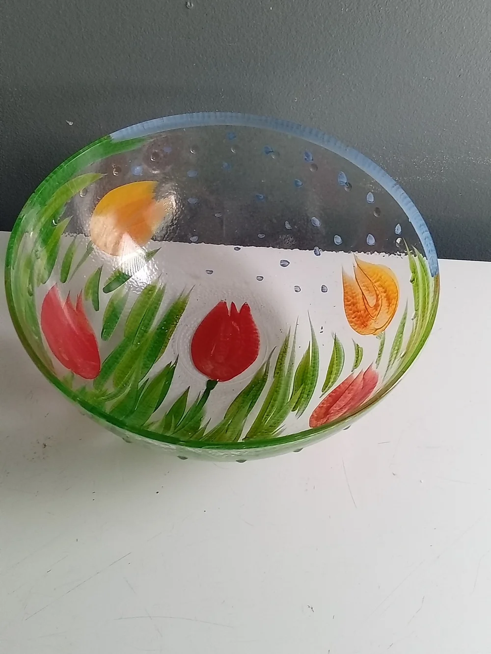 Vintage Hand Painted Glass Tulip Bowl Red Yellow Floral Spring Serving Dish